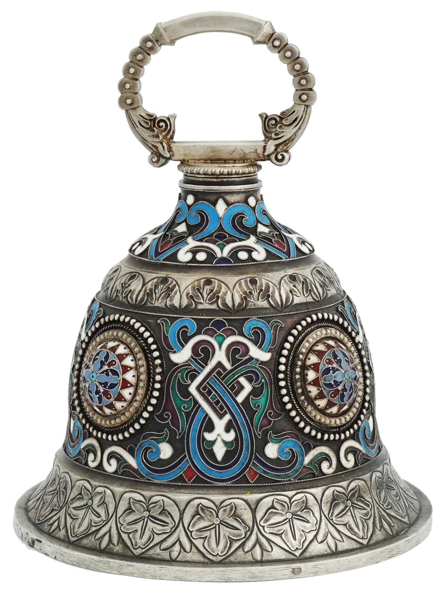 EXTRA LARGE RUSSIAN 84 SILVER ENAMEL DINNER BELL PIC-0